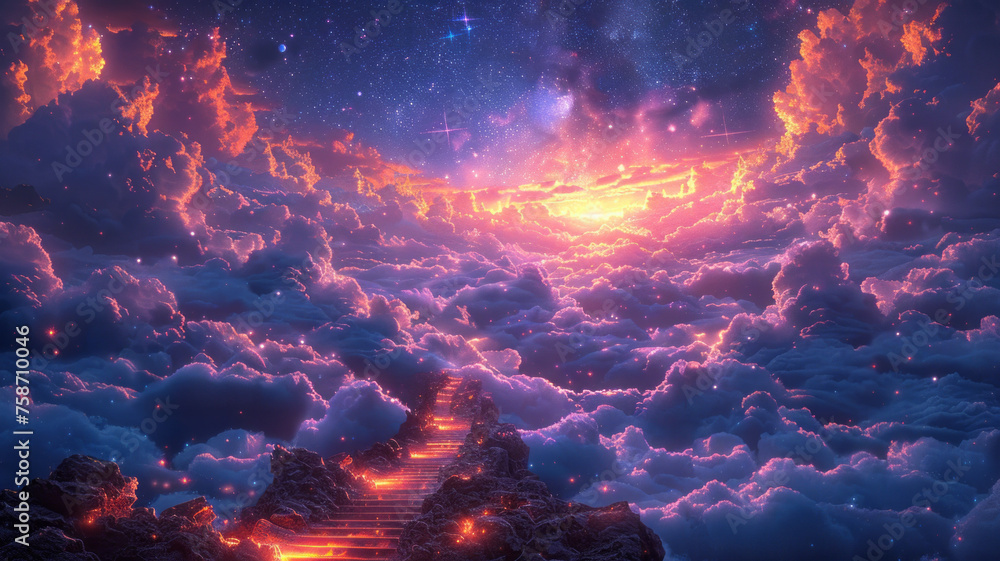 hyperrealistic, dreamy, stairway to heaven, clouds and starry night,generative ai