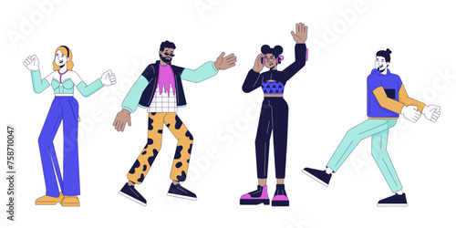 Disco party dancers group 2D linear cartoon characters set. Clubbers on dancefloor isolated line vector people white background. Nightlife activities color flat spot illustrations collection