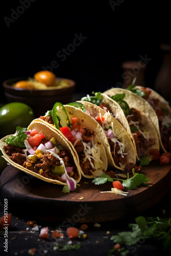 Plate of Mexican tacos on black background