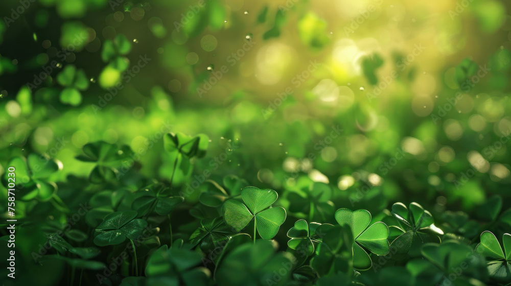 Field of green clover with raindrops. Fermented shamrock sunshine in the background. St.Patrick 's Day. Place for text. bokeh Field of green clover with raindrops. Fermented shamrock sunshine in the background. St.Patrick 's Day. Place for text. bokeh