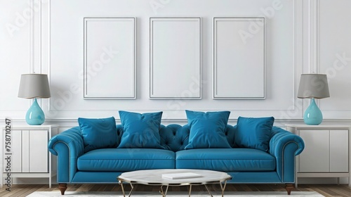 Fototapeta Naklejka Na Ścianę i Meble -  Coffee table near castered Leather Sofa with pillows against white wall. The wall with blank frame. modern living room interior design.