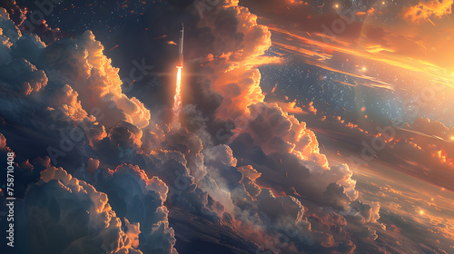 A rocket soars through the cumulus clouds in the afterglow of the sunset