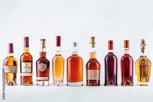 Wine And Spirits. Different Bottles of Booze and Brandy on White Background for Celebrations and Bars