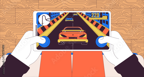 Person playing racing videogame 2D linear illustration concept. Hands holding smartphone with open game background. Mobile gaming hobby cartoon scene metaphor abstract flat vector outline graphic