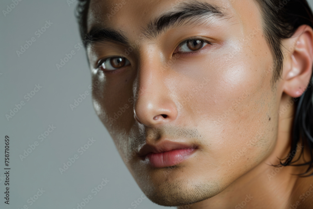 A close-up of an Asian man with a profound gaze, well-defined facial features, and shoulder-length hair A close-up of an Asian man with a profound gaze, well-defined facial features, and shoulder-length hair