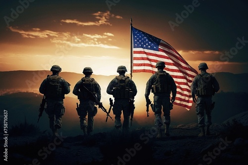 Silhouetted US Soldiers Stand Tall at Sunset Against the American Flag: A Tribute to Veterans Day, Military Service, and National Pride in the Backdrop of War, Independence Day, Victory, Patriotism 