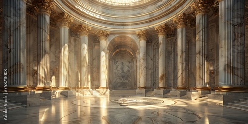 Opulent classic rotunda interior with Corinthian columns and radiant sunlight photo