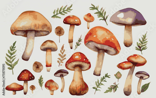 Set of mushrooms in vector style on white background, suitable for private use as well as for commercial use, e.g. for the production of prints.