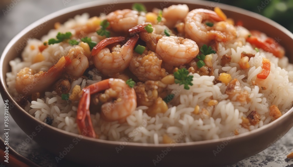 Closeup of spicy cooked rice with meat, shrimp and vegetables in a plate Closeup of spicy cooked rice with meat, shrimp and vegetables in a plate