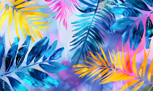 Palm leaves floral watercolor vivid abstract background in a modern style, Generative AI