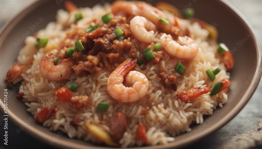 Closeup of spicy cooked rice with meat, shrimp and vegetables in a plate Closeup of spicy cooked rice with meat, shrimp and vegetables in a plate