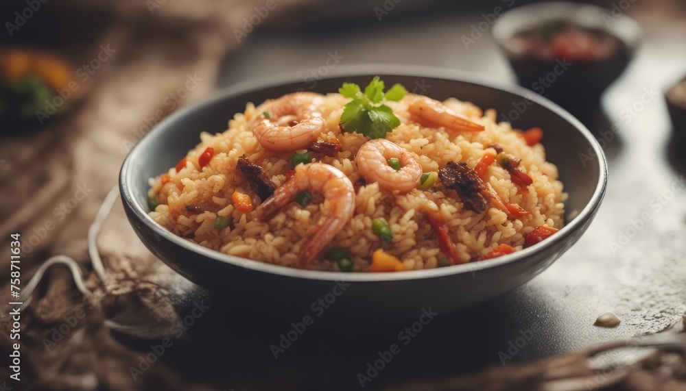 Closeup of spicy cooked rice with meat, shrimp and vegetables in a plate Closeup of spicy cooked rice with meat, shrimp and vegetables in a plate
