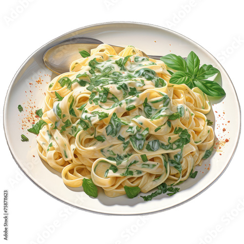 Delicious Creamy Garlic Parmesan Pasta with Fresh Parsley  isolated on White - Watercolor Clipart for Culinary Designs