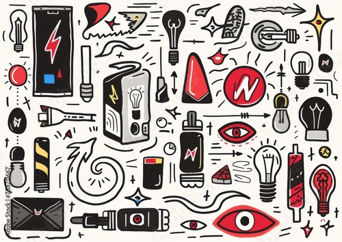 Abstract doodle art with eyes and objects. A monochromatic doodle art style image  featuring eyes  light bulbs  syringes  and various abstract shapes