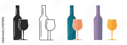 Wine bottle and glass shape silhouette icon vector simple graphic image set flat cartoon, wineglass black white line outline solid block symbol pictogram clip art minimal modern design