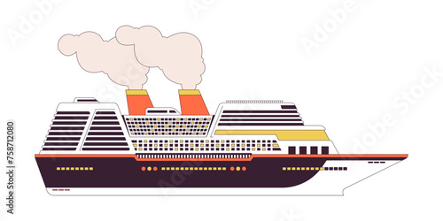 Cruise ship side 2D linear cartoon object. Luxury cruise liner boat isolated line vector element white background. Marine transport. Ocean vessel. Nautical transportation color flat spot illustration