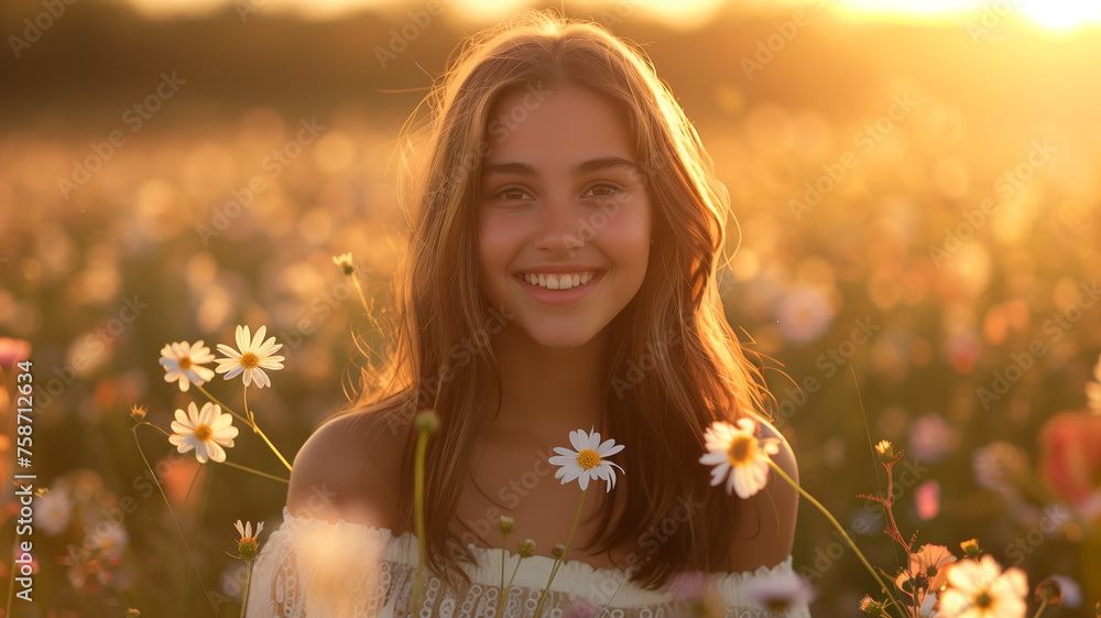 Woman standing in field of daisies Woman standing in field of daisies