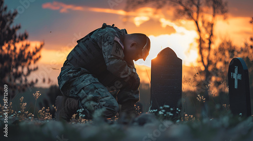 Army Man crying on grave of friend with American flag, smoke background, ai generated photo