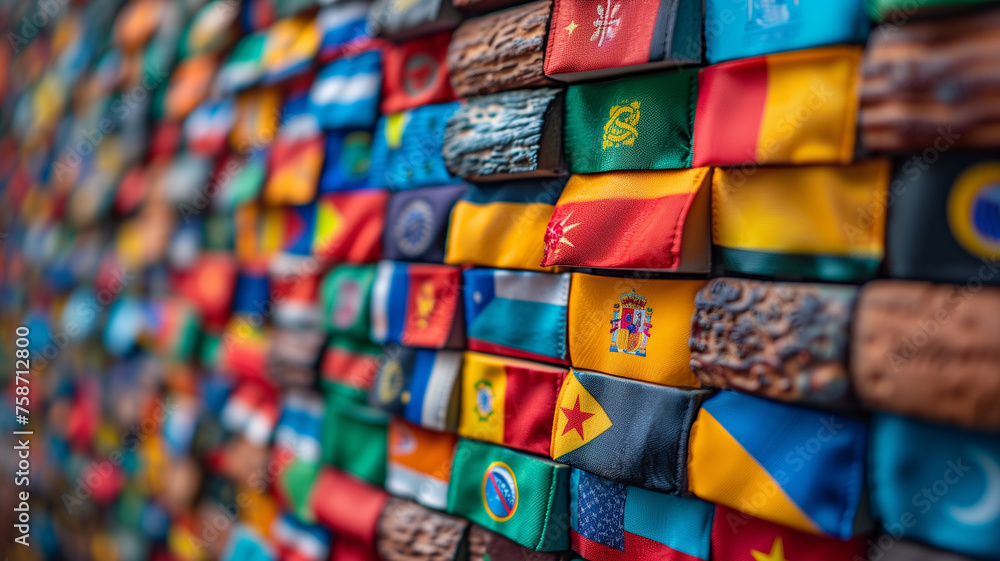 Diverse array of flags adorning a wall - obrazy, fototapety, plakaty 