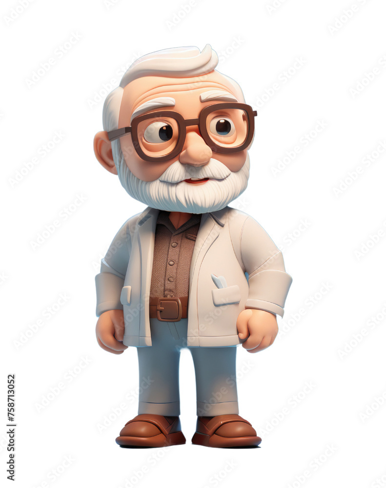 A cartoonish man in a white lab coat and glasses stands in front of a white background. He is a scientist or a professor
