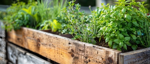 Close up of fresh medicinal herbs,  in wooden raised bed in garden photo