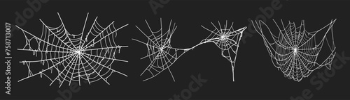 Spooky halloween old spider web with various sizes and shapes. Old cobweb set vector illustration for dark gothic decoration for holidays. Corner spider net insect thread cobweb scary frames.