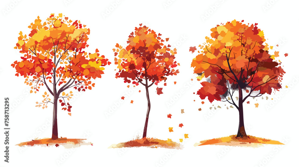 Autumn trees and isolated leaves on a white background