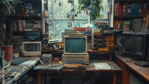 Abandoned room filled with old computer equipment