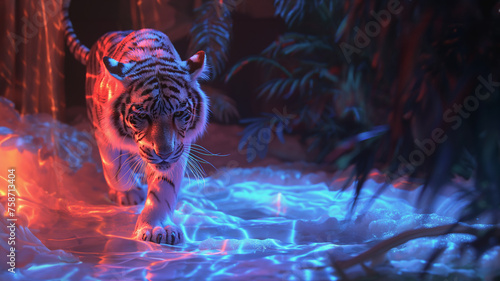 A white tiger walking boldly amidst psychedelic light show in a tropical cave, endangered species haunting the world with their ghostly absence. photo