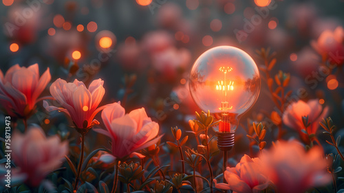 Light bulb among field of flowers