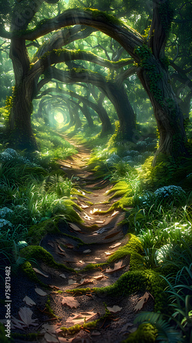 Digital art of an enchanted forest, with a winding path leading towards a mystical light, invoking a sense of adventure and fantasy. 