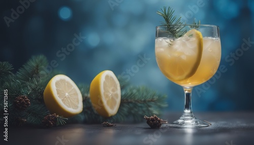 vertical view of alchocol cocktail in a glass goblet served with lemon slice and fir branches smoke