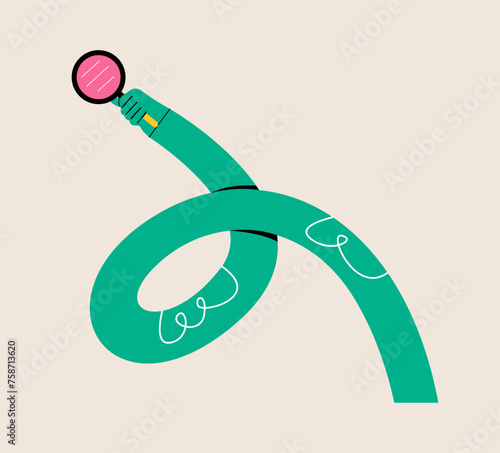 Funny long hand holding a magnifying glass. Colorful vector illustration