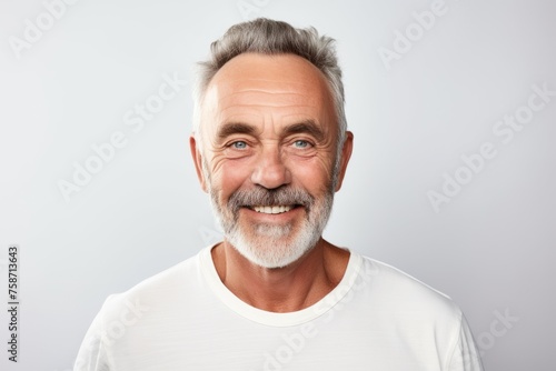 Portrait of a senior man with grey hair and beard on grey background