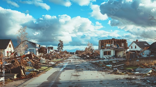 Street with destroyed houses after storm