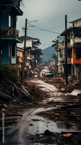 Street of the town with destroyed houses after storm