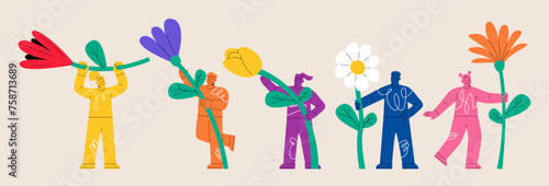 Set of man and woman stands holding a giant flower. Colorful vector illustration