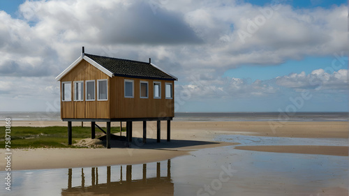 A wooden shelter on high stilts that stands on the North Sea beach (De Drenkelingenhuisje) The Dutch Wadden Sea island Terschelling, Municipality and an island in the northern, Friesland, Netherlands photo