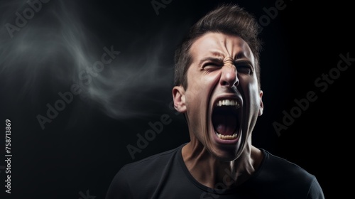 A man screams on a black background