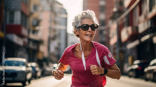 An elderly woman jogging in the city