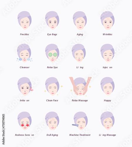 Elegant lady facial skin care face treatment. Aesthetic solution and problem, beautician, beautiful flat vector illustration icon. Editable icon.