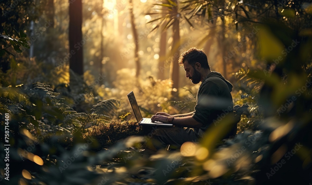Man working in nature, teleworking, plant a tree, man with laptop in a forest, computer, informatic, feeling good at work, working from home, remote working, back to nature, Generative AI  - obrazy, fototapety, plakaty 