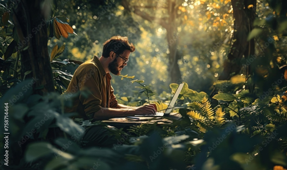 Man working in nature, teleworking, plant a tree, man with laptop in a forest, computer, informatic, feeling good at work, working from home, remote working, back to nature, Generative AI 