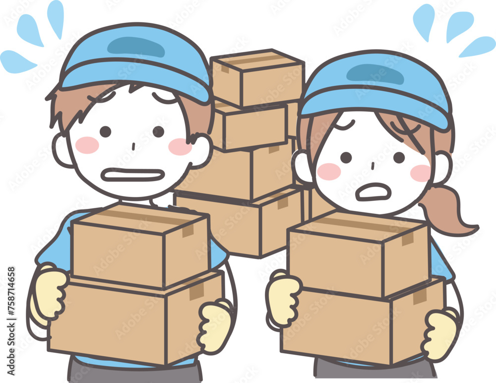 ダンボールを持った配達業者の男性女性のイラスト1-4 ダンボールを持った配達業者の男性女性のイラスト1-4