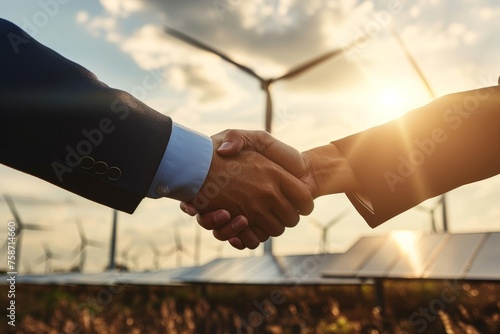 handshake in front of solar pannels and wind turbines, clean energy, renewable energy, electricity,  new industry, CSR, company social responsability, Generative AI 