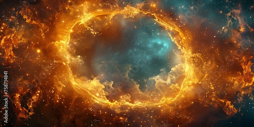 Fantasy golden portal with mystical blue energy emanating in an abstract cosmic scene