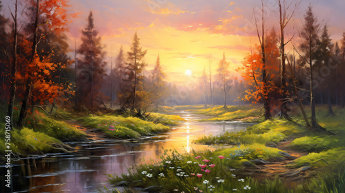 Oil painting landscape river in the spring forest 