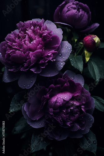 Three purple flowers with water droplets