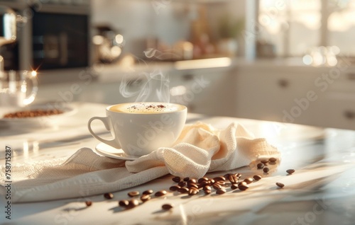 A steaming cup of coffee sits on a sunlit kitchen counter, with scattered beans and a bowl in the background, evoking a cozy morning vibe