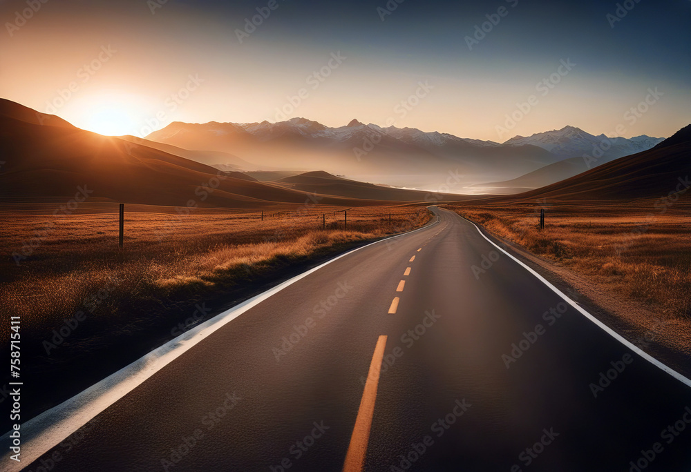 Asphalt road and mountains with foggy landscape at sunset stock photo